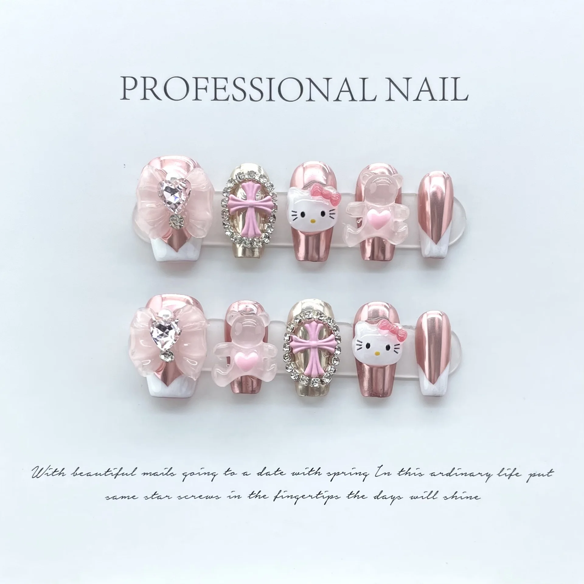 10 pcs Luxury Handmade Press on Nails Short Ballet Hello Kitty Design False Nails with 4-PIECE Tool Adhesive Nail Glue Tabs