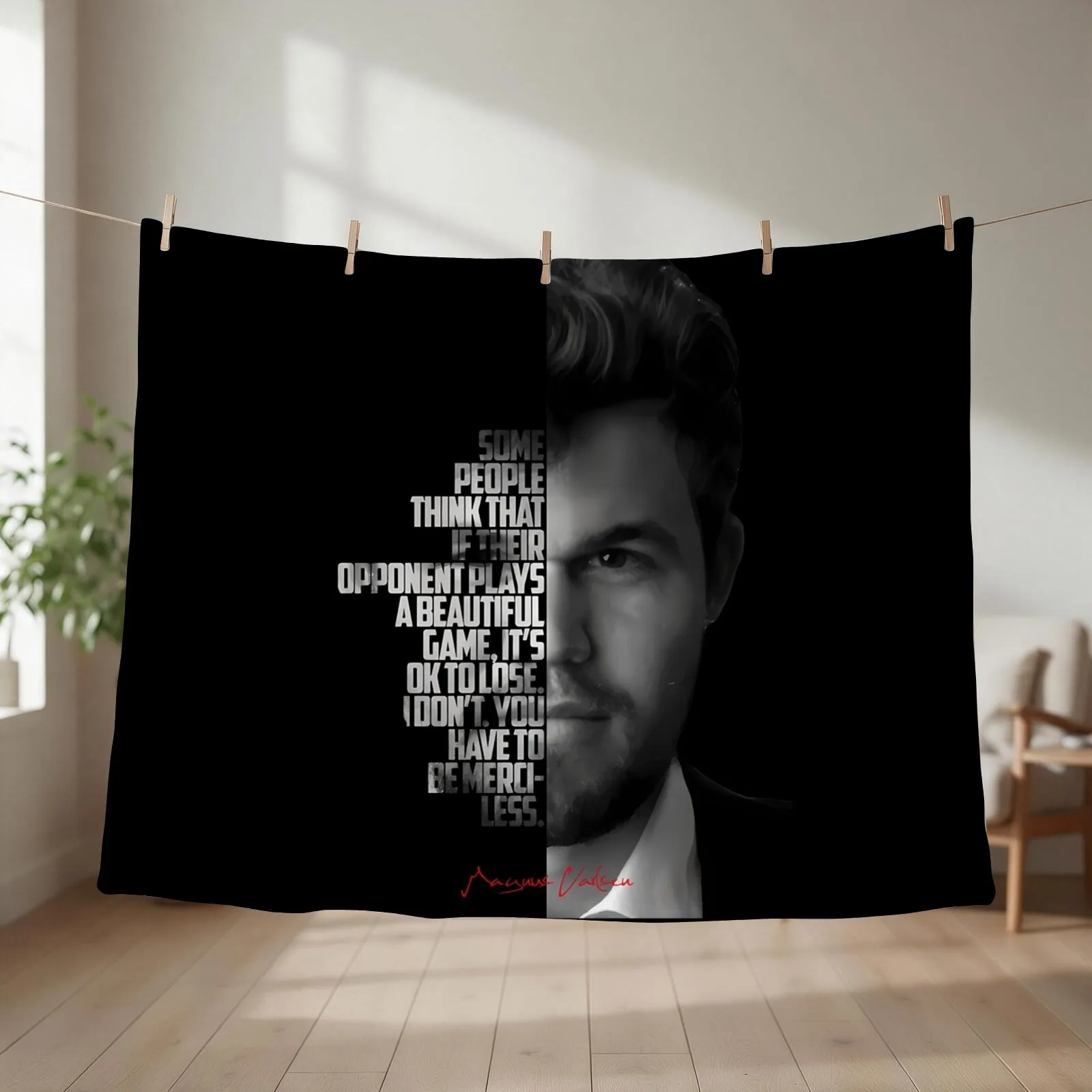 Black and white Magnus Carlsen quote. Throw Blanket couch cozy soft plush fuzzy picnic outdoor blanket