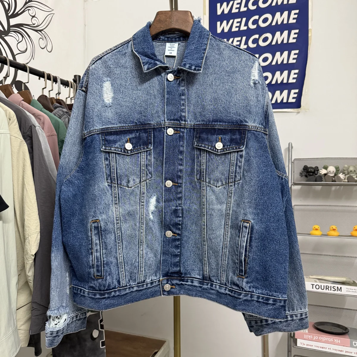 

Ретро-куртка-жакет в стиле High Street Paris, классическая японская модель с эффектом потертости, из плотной ткани, свободного кроя, для мужчин, женщин и молодежи, с длинными рукавами