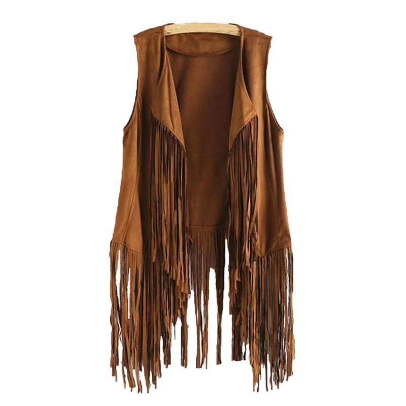 Women Faux Suede Ethnic Sleeveless for Jacket Long Fringe Tassels Hippie Open Front Cardigan Vintage Cowgirl Waistcoat Vest