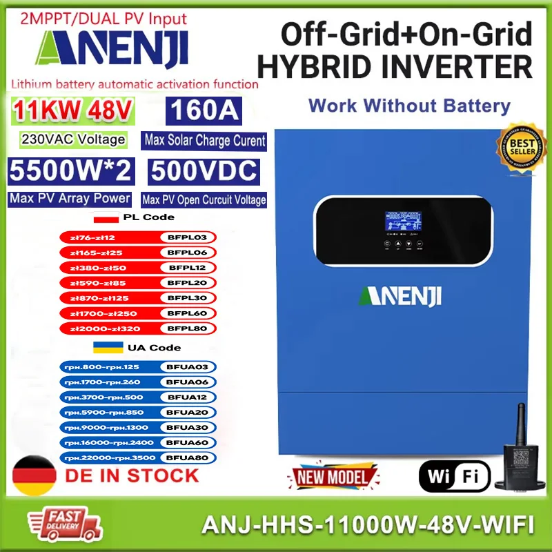 11KW 6.2KW 48V Hybrid Solar Inverter MPPT 230VAC Pure Sine Wave On Grid Photovoltaic Inversor 160A 120A Solar Controller PV 500V