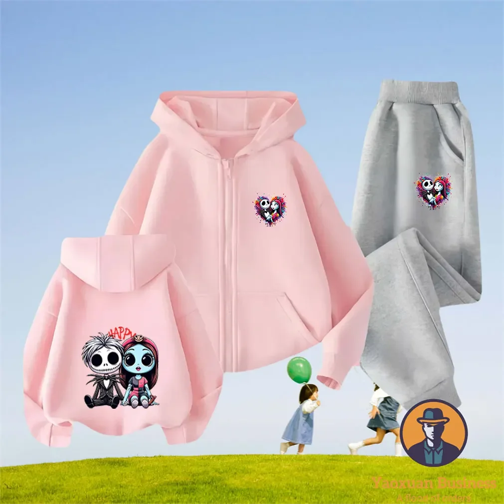 

2025 New Arrival Girls Boys Nightmare Before Christmas Lock Shock Barrel Combo Set Spooky Print Fleece Lined Winter Jacket