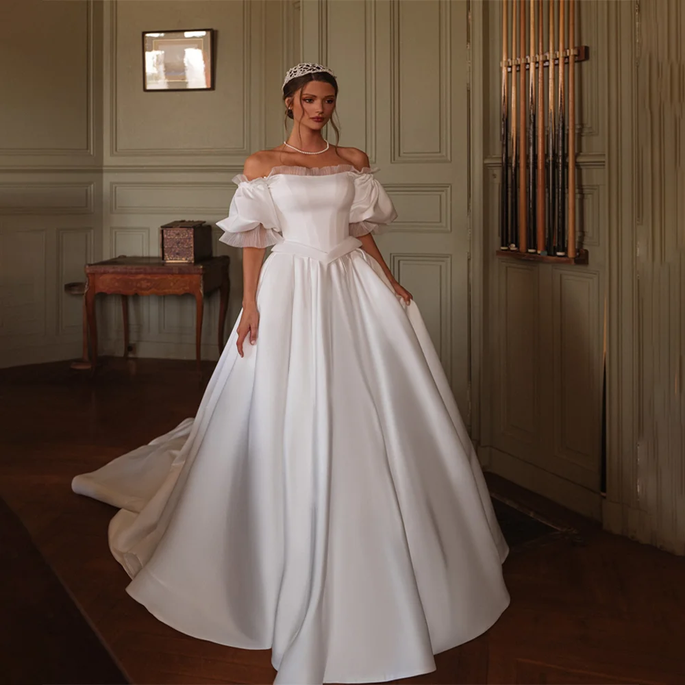 

Strapless Wedding Dress A Line Satin Bridal Gowns Short Sleeves Sweep Train Customized Evening Dresses For Wedding