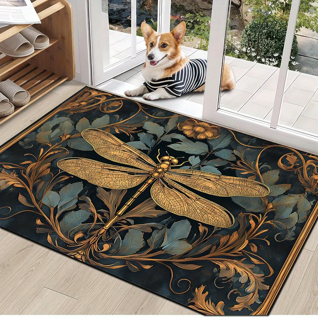 VIKAMA Vintage Golden Dragonfly Oil Painting Doormat Luxury Floral Non Slip Front Door Entrance Floor Mat