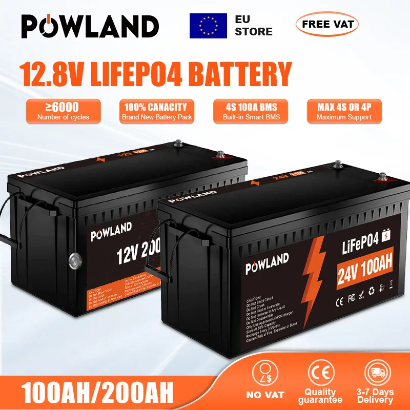 Batterie Lifepo4 à courant élevé 12V 24V 100Ah 200Ah, longue durée de vie, BMS intégré IP65, prend en charge la série et la batterie parallèle