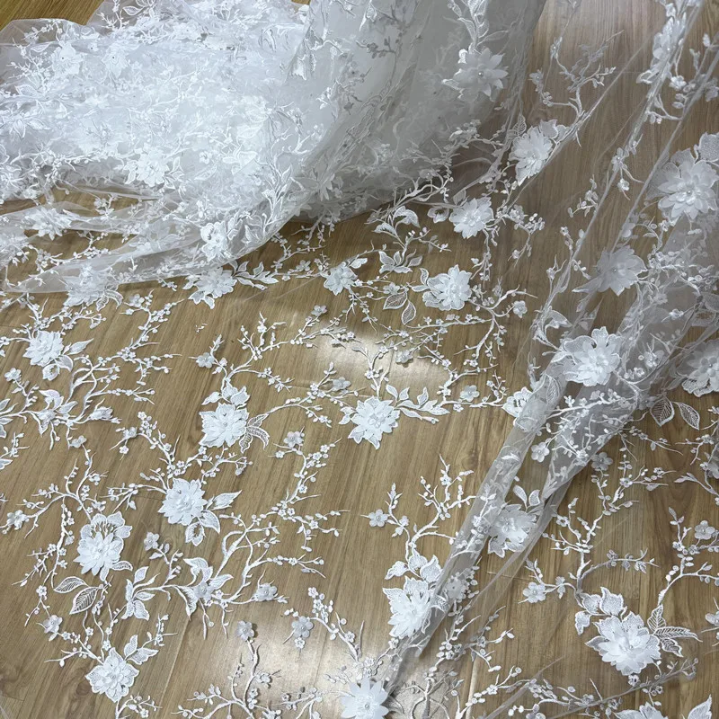 New three-dimensional white flower bead transparent mesh embroidery lace fabric sewing wedding dress and evening dressdecoration