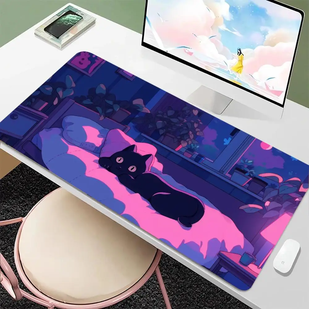 

Черный коврик для мыши с мультяшным котом, большой коврик для компьютерной офисной игровой настольной коврик XXL, резиновые противоскользящие коврики для игровой клавиатуры, длинные настольные коврики