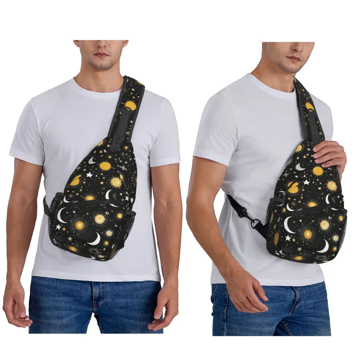 السماء المرصعة بالنجوم الفضاء غالاكسي الشمس القمر حقيبة الصدر الرجال حبال Crossbody على ظهره حقيبة الصدر السفر المشي لمسافات طويلة Daypack حقيبة الكتف