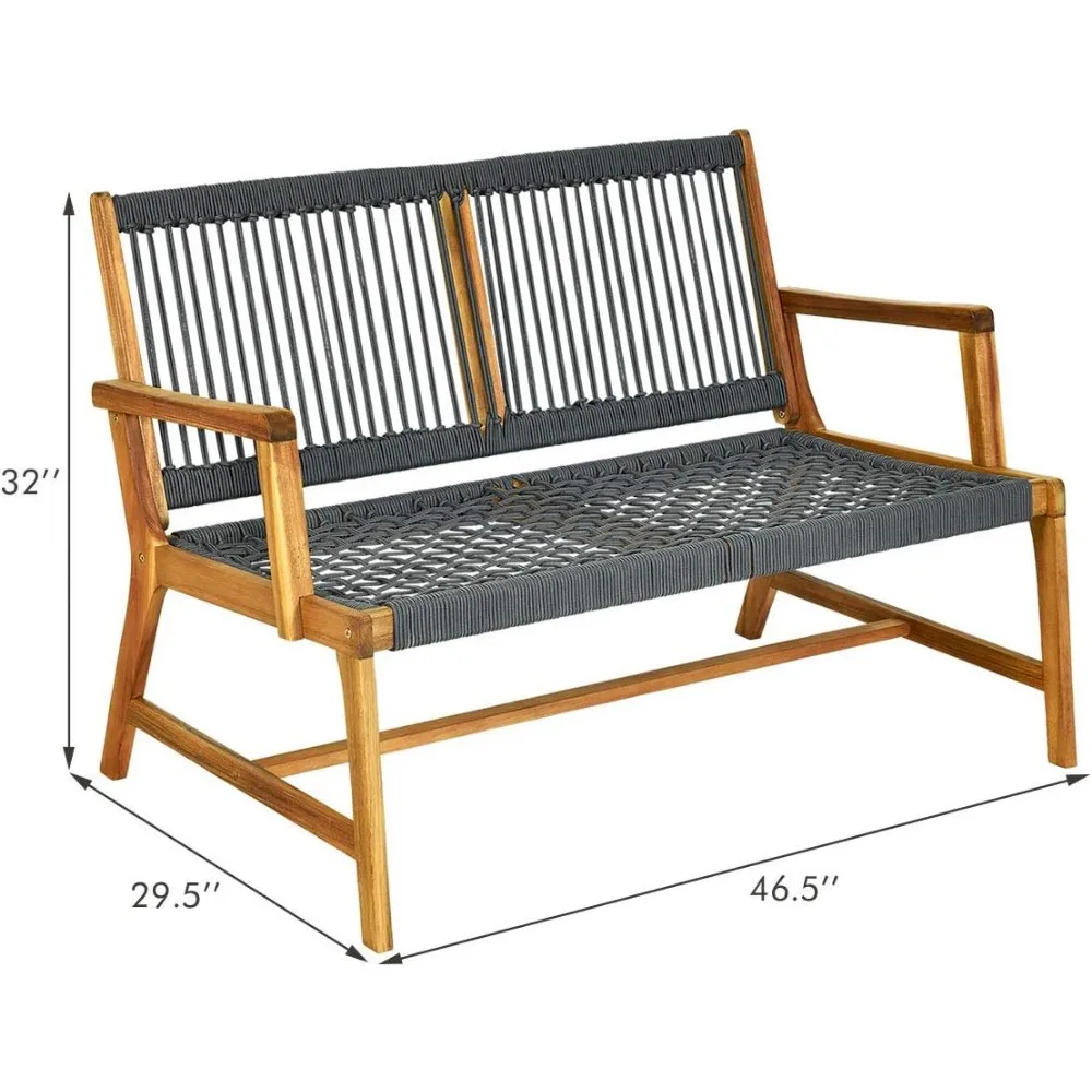 Wood Bench Loveseat Chair, Acacia Wood in Teak Oil Finish, Balcony Deck, Easy To Assemble & Clean Outdoor Long Chairs