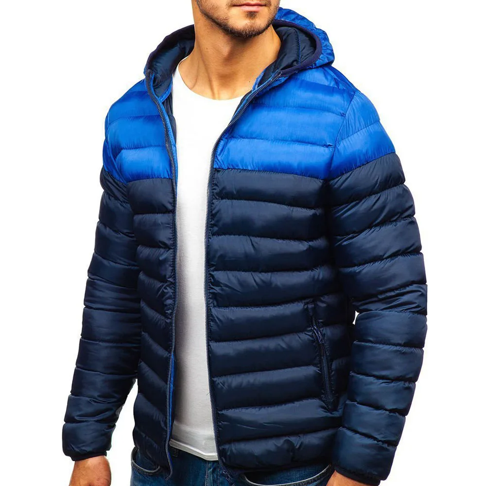 Autumn Winter Parkas Casual Male Patchwork Zip Up Long Sleeve Hooded Cotton Pad Coats Outwear