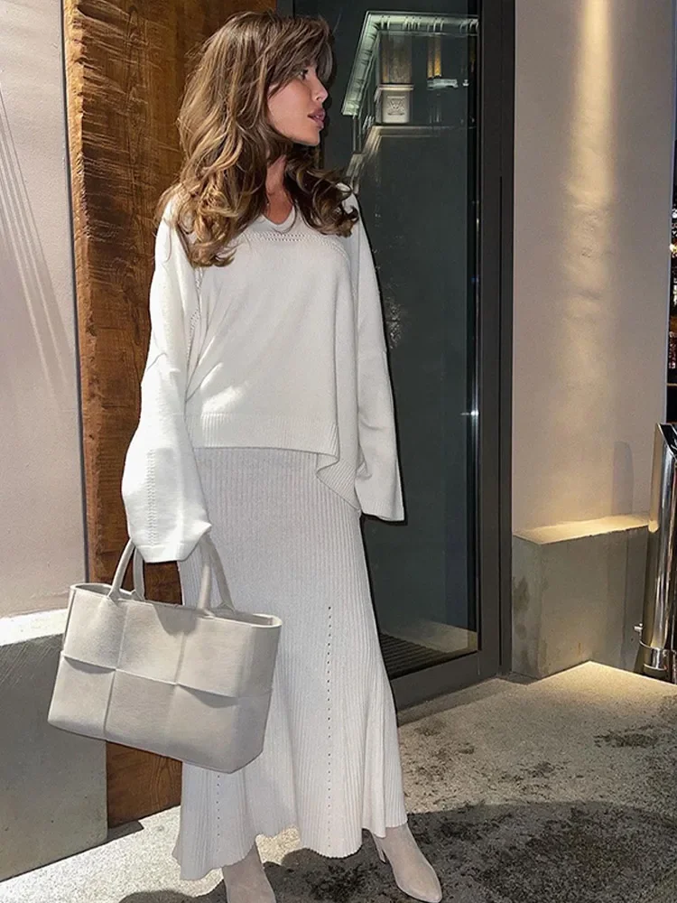 

Lady Chic Knitted Pullover Skirt Set Women Elegant Solid V-neck Pullovers Long Skirts Loose 2-piece Sets Commute Office Outfit