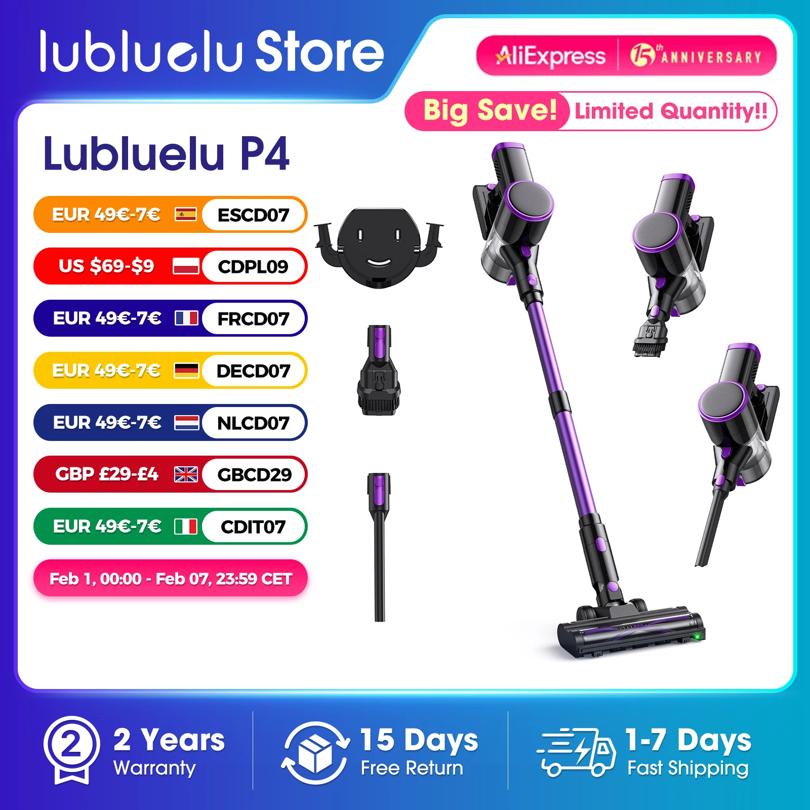 Lubluelu P4 Cordless Vacuum Cleaner 36Kpa Suction, 40Mins Runtime, Self-Standing, Green LED, for Hard Floor Carpet Pet