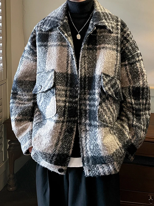 

Мужская осенне-зимняя шерстяная куртка в клетку, повседневная, высококачественная, в японском стиле, теплая, для отдыха