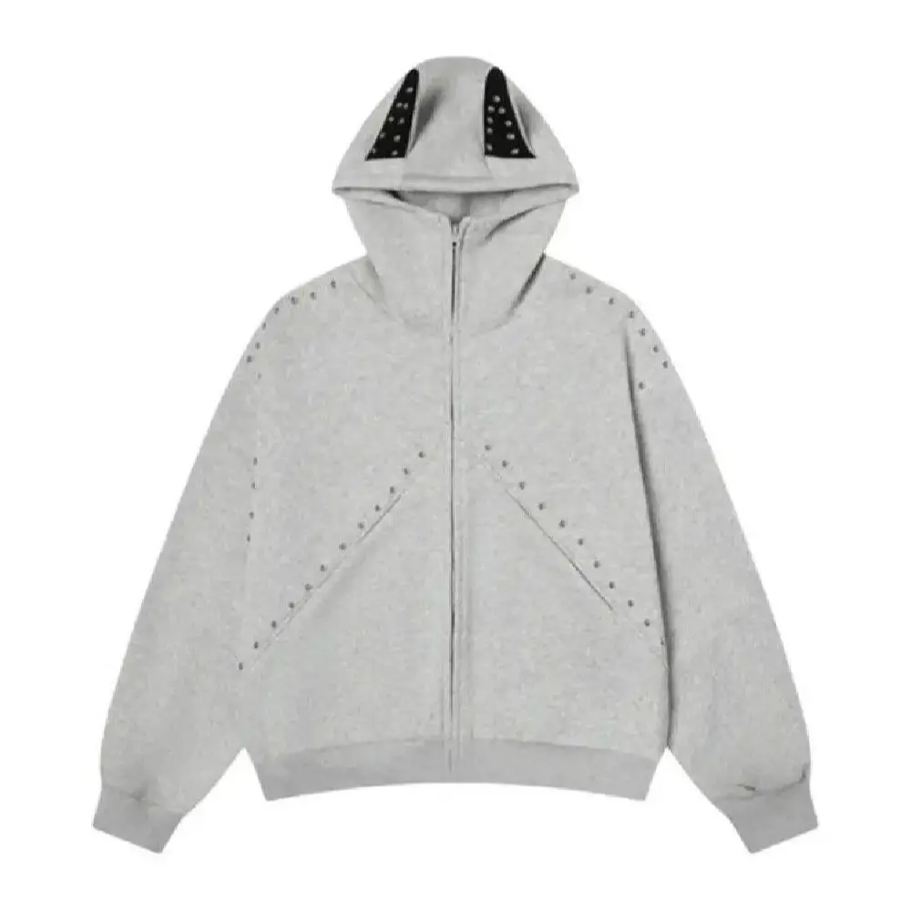 Amerykańska bluza z kapturem w stylu high street dla mężczyzn i kobiet, jesienna moda, bluza z nitami na uszy, modna patchworkowa luźna kurtka rozpinana z długim rękawem.