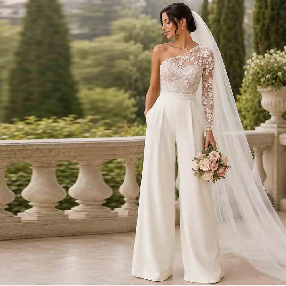 Customized One Shoulder Jumpsuit Wedding Gown Lace Top Wide Leg Wedding Pantsuit With Pockets Minimalist Wedding Outfit