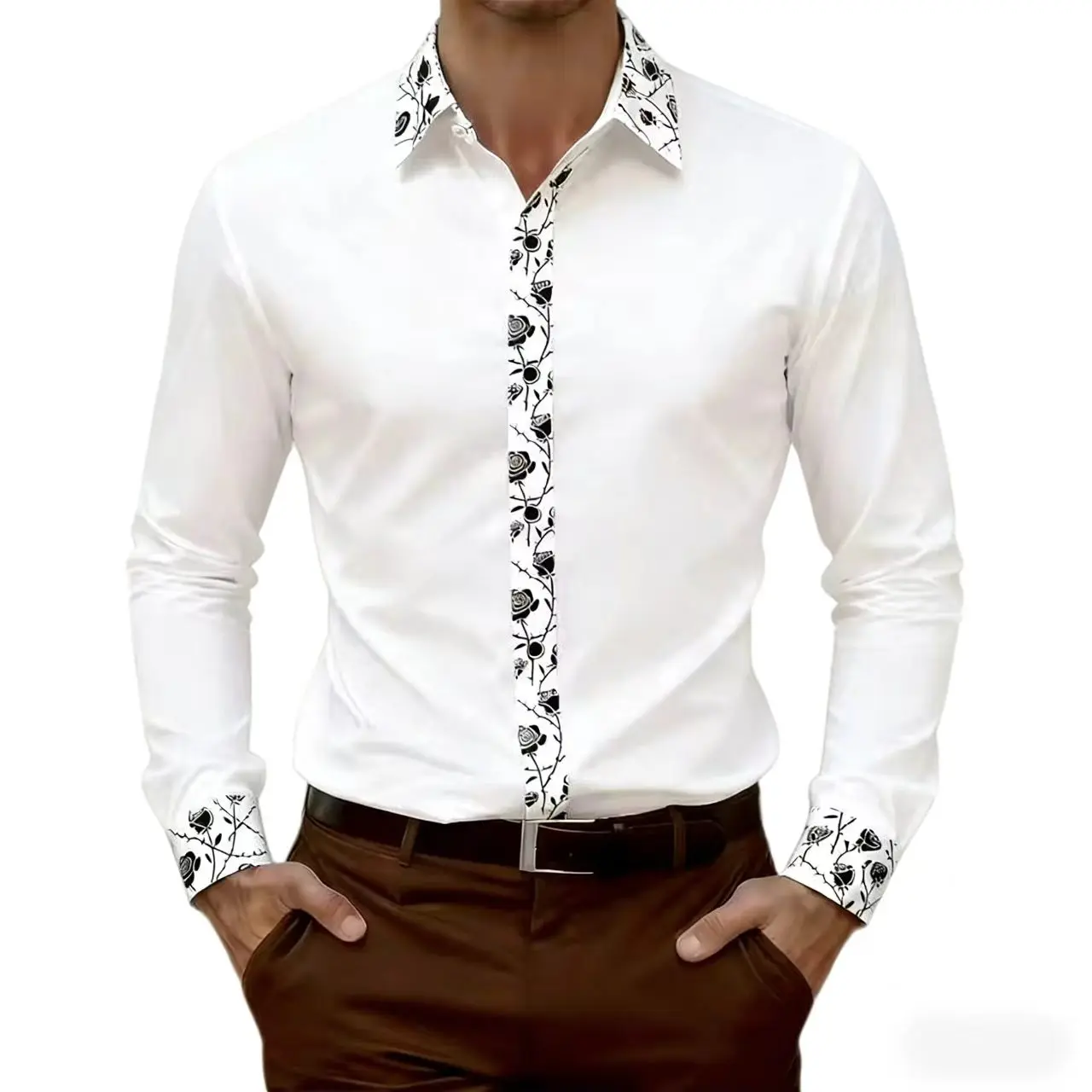 Men's fashionable formal shirt, long sleeved shirt with floral pattern splicing, daily, comfortable, high-quality