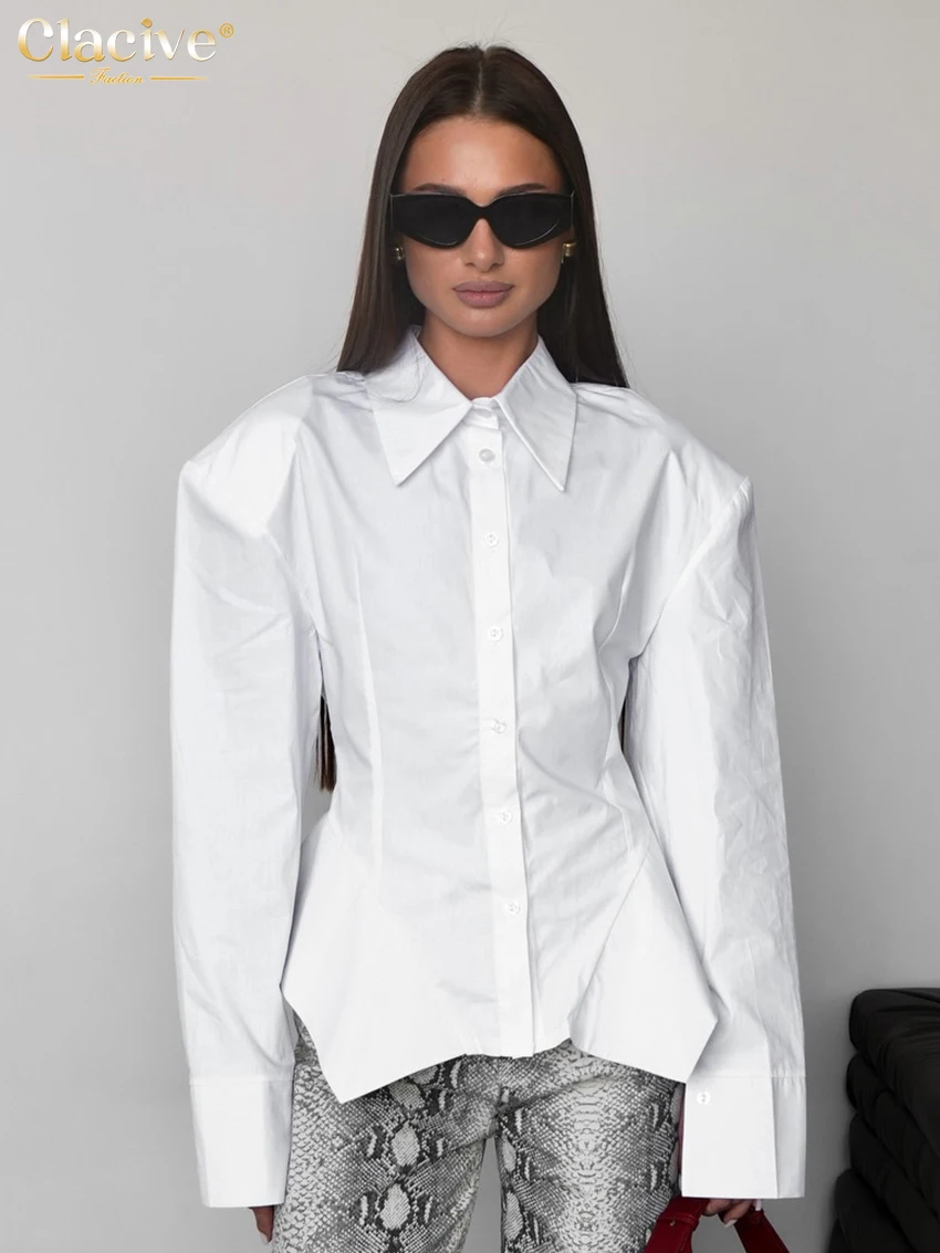 

Clacive Fashion Loose White Cotton Women's Shirt 2026 Autumn Lapel Long Sleeve Blouse Elegant Classic Solid Top Female Clothing