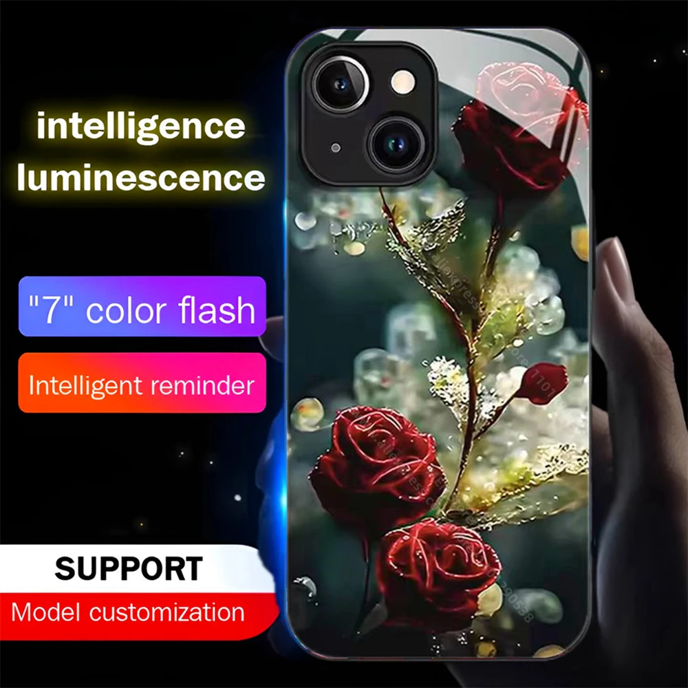 Lover Romantic Roses Design Sound Control LED Flash Case Luminous Cover For iPhone 16 15 14 13 12 11 Pro Max X XS XR SE2020