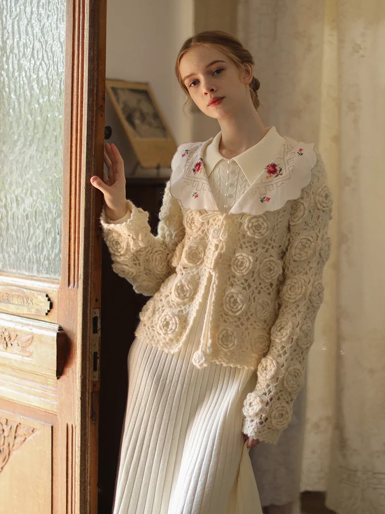 102cm Bust SpringFall Knitted Cardigans Women Elegant Antique Embroidered Collar Hollow Out Handmade Crochet Flower Wool Sweater