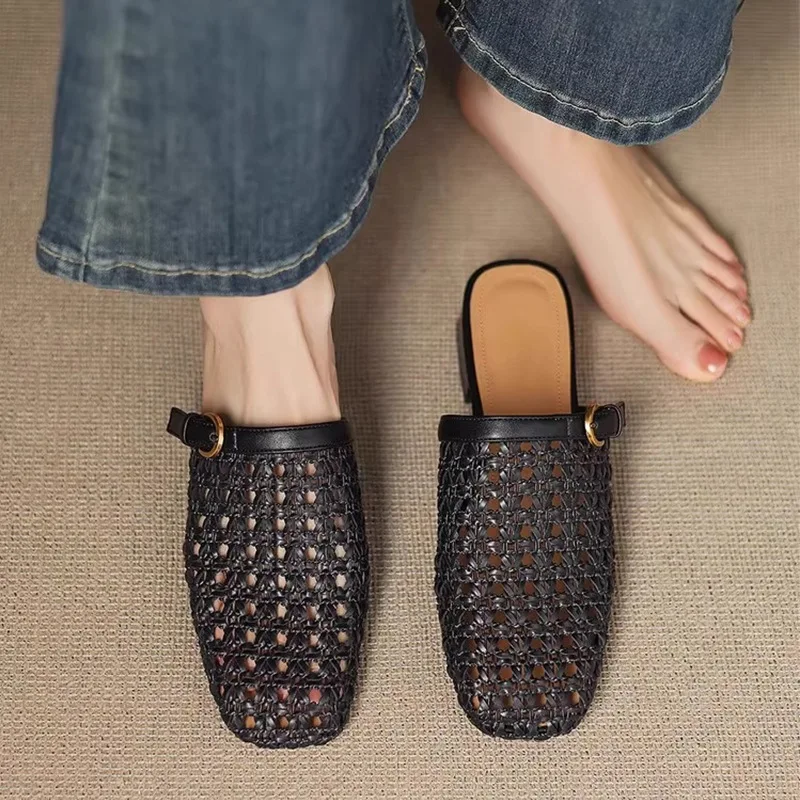 French Retro Fashion Woven Breathable Hollow Women's Slippers Bag Head Half Drag Summer Wear Low-heeled Casual Mesh Muller Shoes