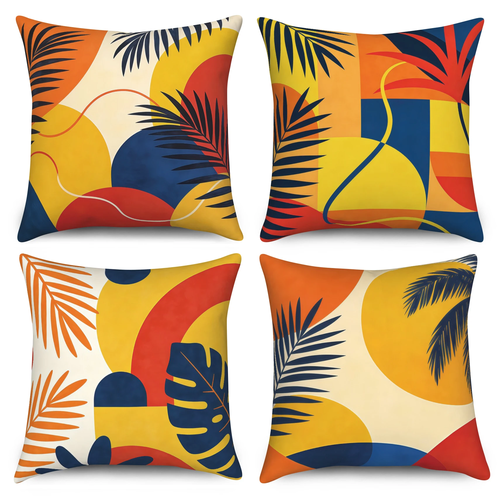 Bohemian Tropical Palm Leaf Pillow Covers 4 Pack Abstract Geometric Summer Polyester Linen Pillowcases for Bedroom Living Room