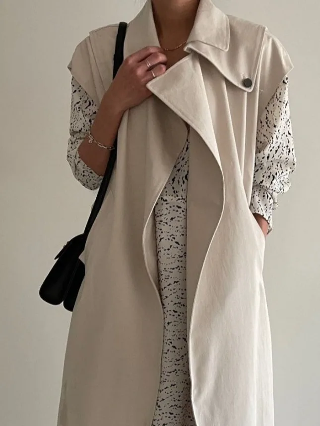 

Chic Briti Sle Double Breasted Loose Long Svel Windbreaker Vest Women's Faionable Commute Sle Mid-Length Jaet