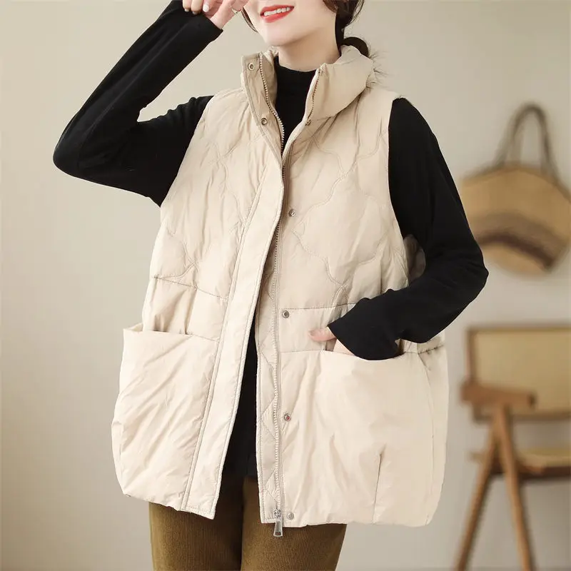 

Down Cotton Vest Women's Lightweight Warm Jacket 2023 Autumn/Winter Korean Fashion Stand Neck Waistcoat Sleeveless Coat Z3354