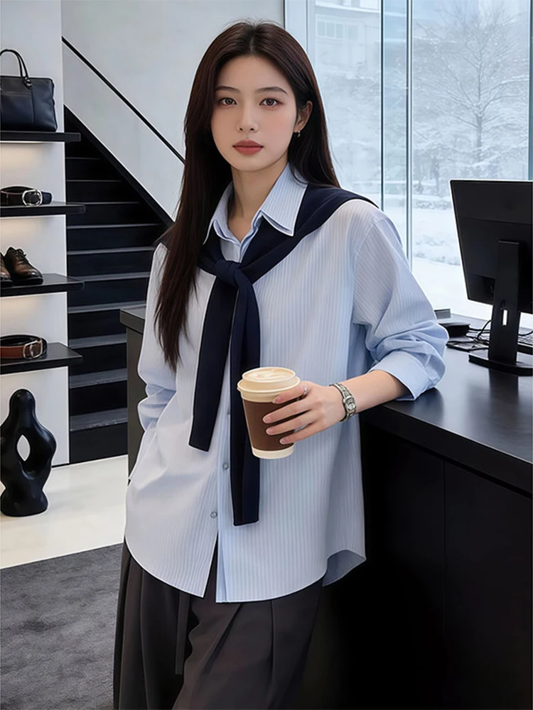 

Blue Striped Men's Long Sve irt Casual Sle Faionable And Haome New 2026 Spring Season Loose Fit Open Cardigan