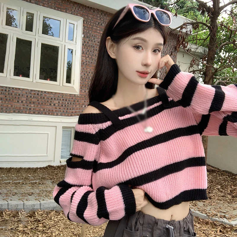 

Knitted Long Sleeves Tops Women's Knitted Top Contrasting Colors Off Shoulder Korean Version Stripe Loose Casual