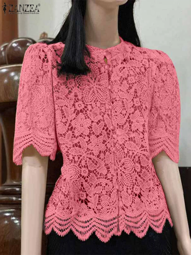2025 ZANZEA Camisa de encaje de verano de ganchillo, blusa de trabajo elegante para mujer, Blusas informales de media manga con cuello redondo, Tops elegantes de retazos para vacaciones