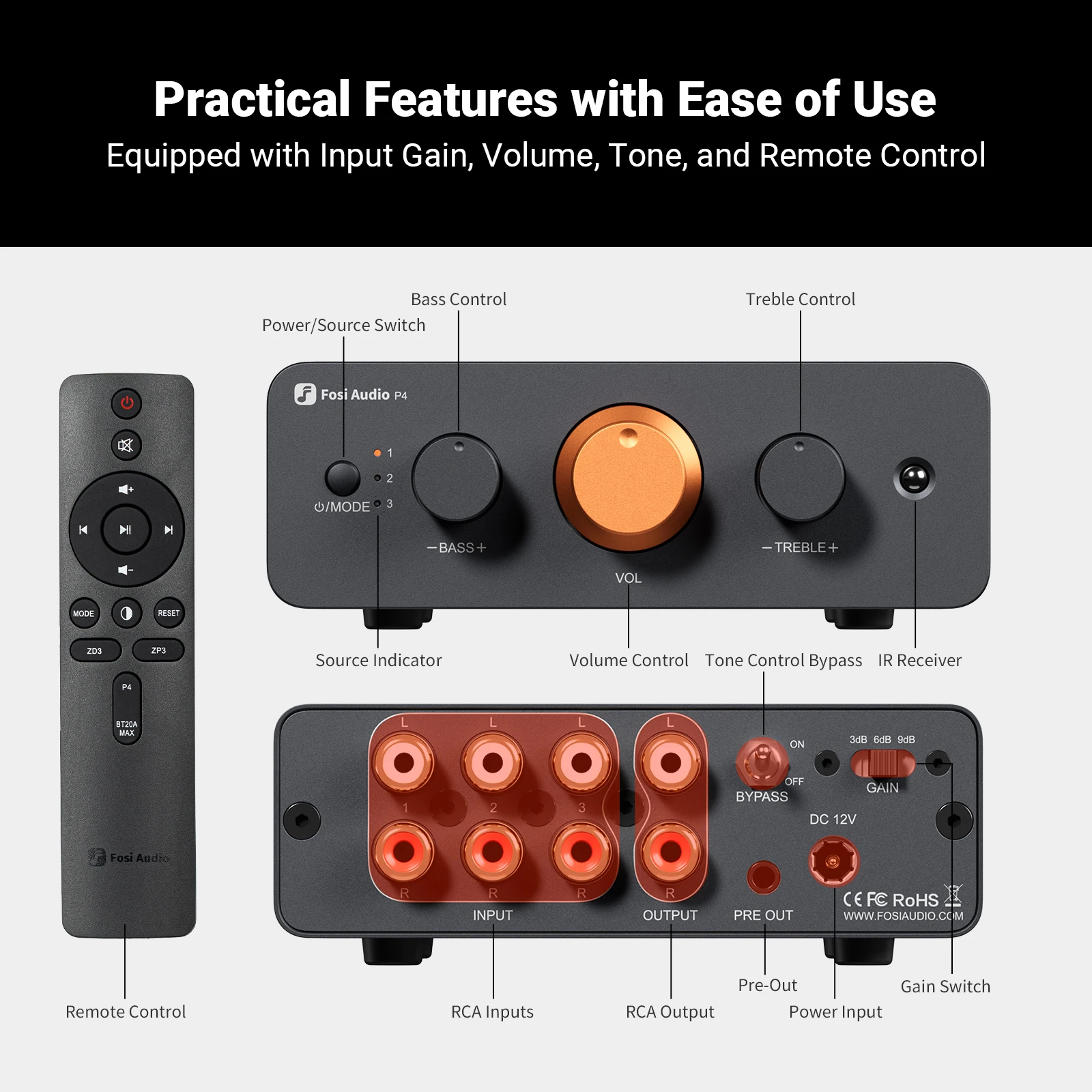 مضخم Fosi Audio P4 HiFi المسبق: 3 مدخلات RCA، EQ/Bypass، مضخم تشغيل قابل للتبديل، تحكم ثلاثي ونغمة جهير لأنظمة الصوت
