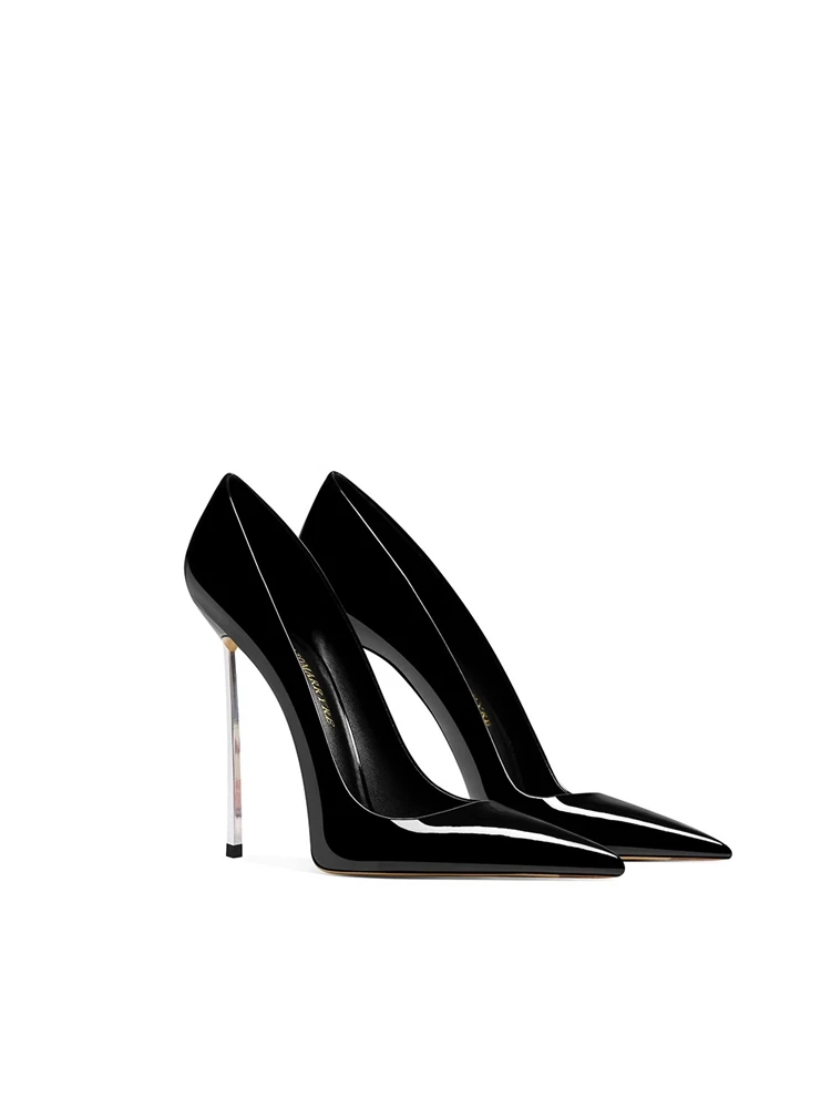 كعب ستيليتو معدني ربيع جديد مدبب الضحلة براءات الاختراع والجلود بسيطة OL أحذية مأدبة كبيرة الحجم صغيرة الحجم أحذية نسائية