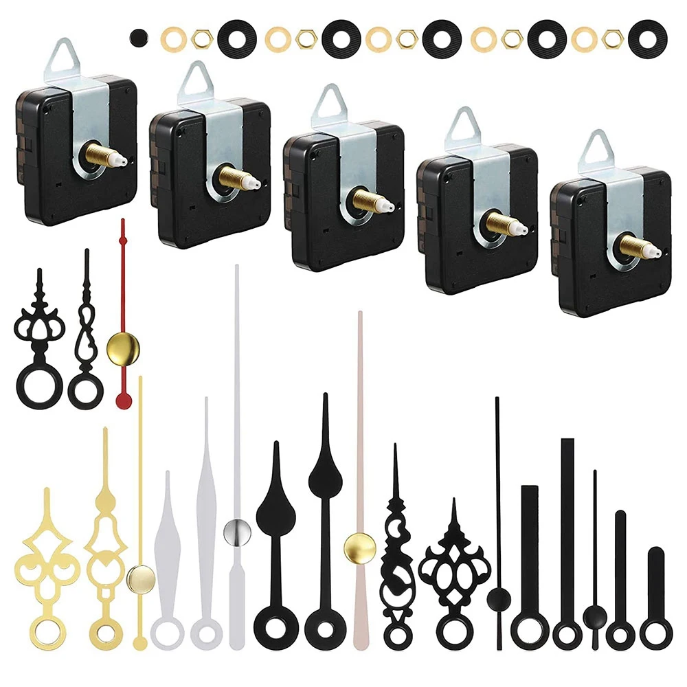 Relógio de quartzo Movimento Mecanismo Peças Relógio de parede DIY Kit de substituição das mãos, 7 pares diferentes, Silêncio, 5 pcs