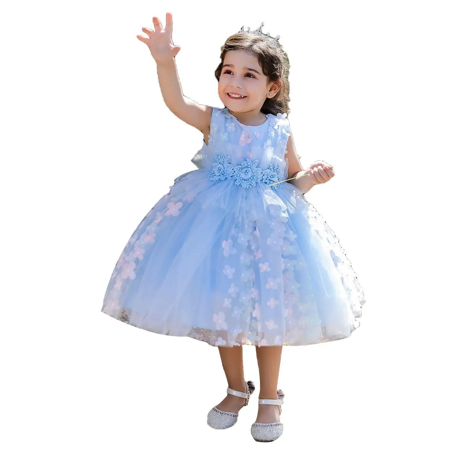 Summer Flower Wedding Baby Girls Dresses Toddler Newborn Baptism 1st Birthday Bow Lace Princess Dress Party Dress