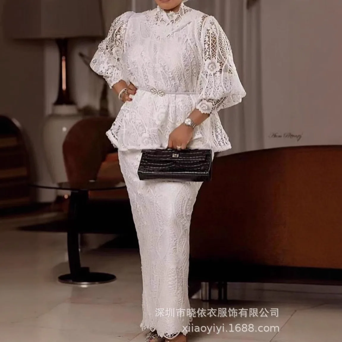 Women's High Neck Lace Puff Sleeve Peplum Top and Long Skirt Set Soft Comfortable Versatile Commute Daily Wear Two Piece Outfit