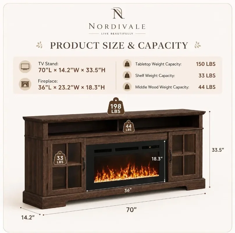 Fireplace TV Stand, Modern Entertainment Center TV Console with Storage Cabinets, Media Console for Living Room