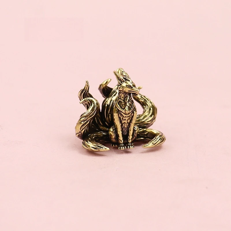 Miniature Antique Brass Lucky Nine Tailed Fox Figurines Ornament Copper Animal Mini Office Desktop Crafts Home Decor