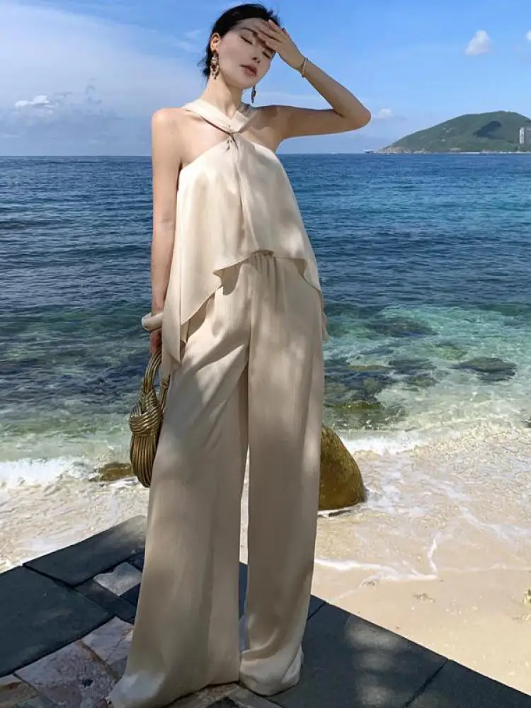 

Summer Women Beige Elegant Sexy Off Shoulder Halter Tops And High Waist Pleated Wide Leg Long Pant 2024 Vacation Two-piece Suits