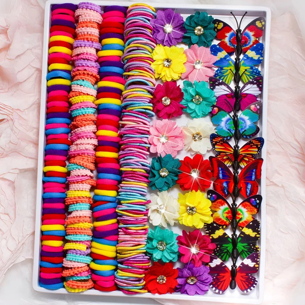 Girls 555Pcs Butterfly Hair Accessory Set, Colorful Hair Clips Elastic Hair Bands, Daily Ponytail Hairstyle Decoration