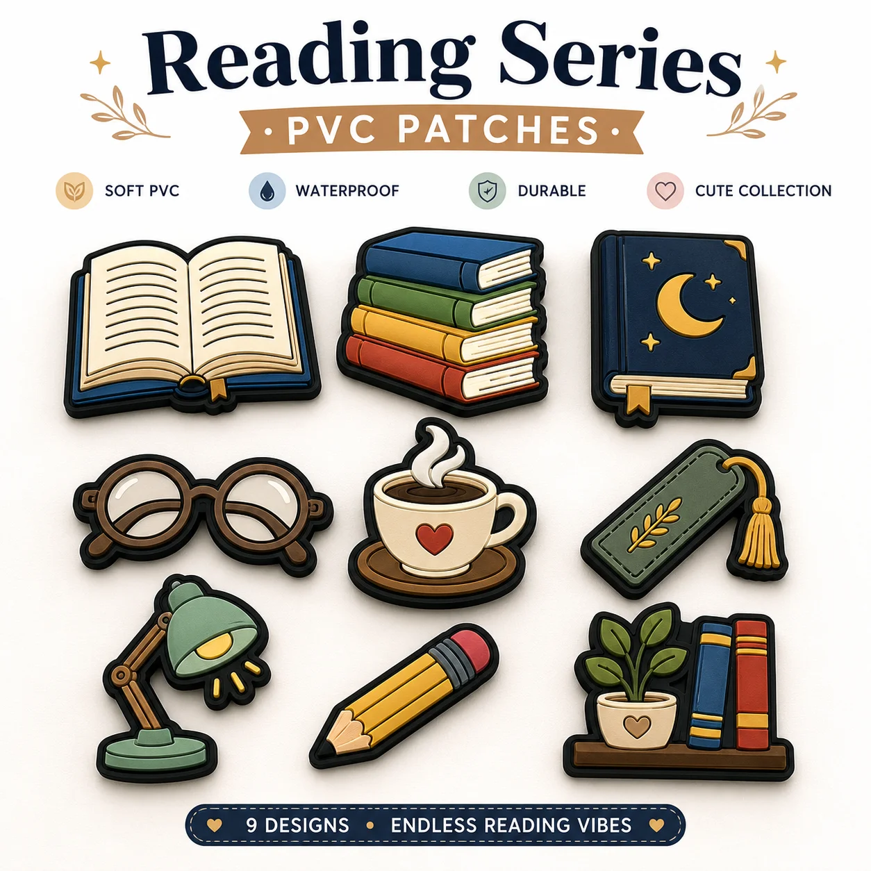 Custom Reading PVC Patches Book Stack Glasses Coffee Bookmark Lamp Soft Rubber Hook and Loop for Bags Jackets Library Gifts