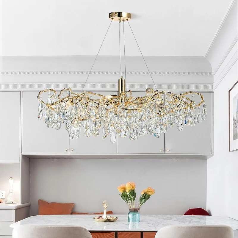 Luxury Crystal Led Chandelier Long Dining Room Lamp French Circular Ceiling Lamps Bedroom Villa Art Living Room Light Fixture