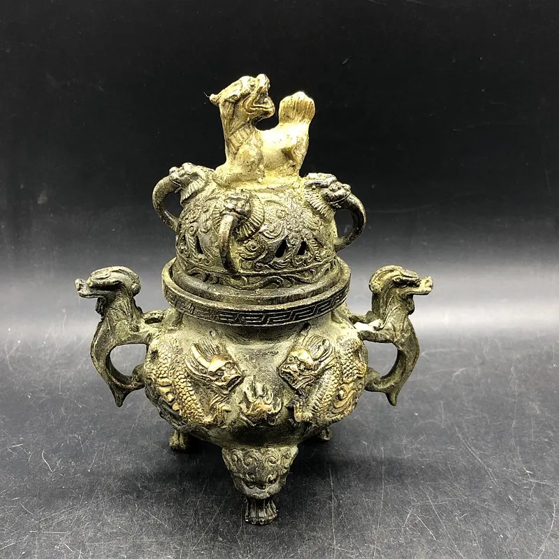 Retro Chinese Gilded Double Dragons Playing Pearl Incense Burner Qianlong Period Antique Collection Craft Ornament Home Decor