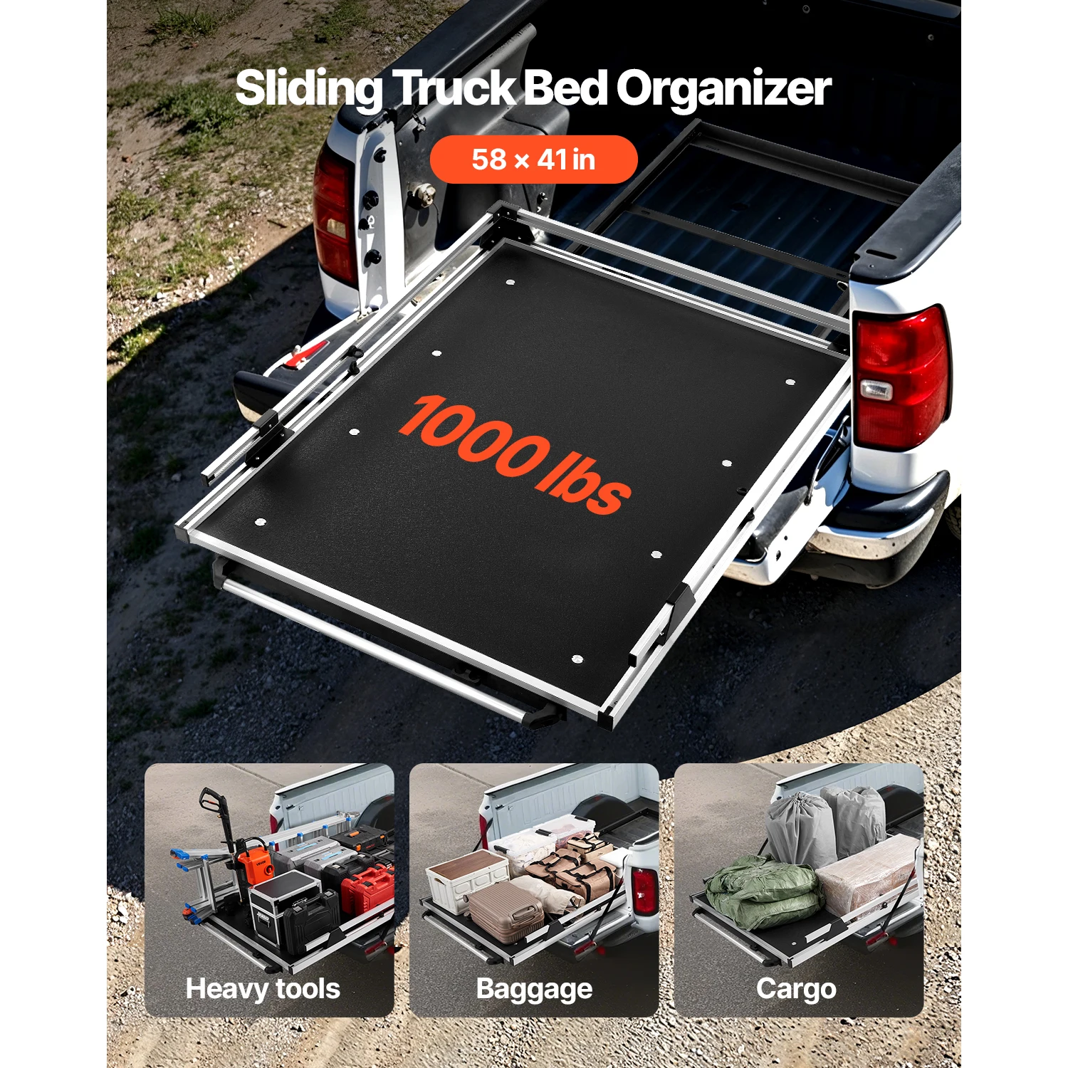 VEVOR 1000 lb Sliding Truck Bed Organizer Features 6 Movable Rings for Securing 2-Postion Slide out Tray for Pickup Trucks Black