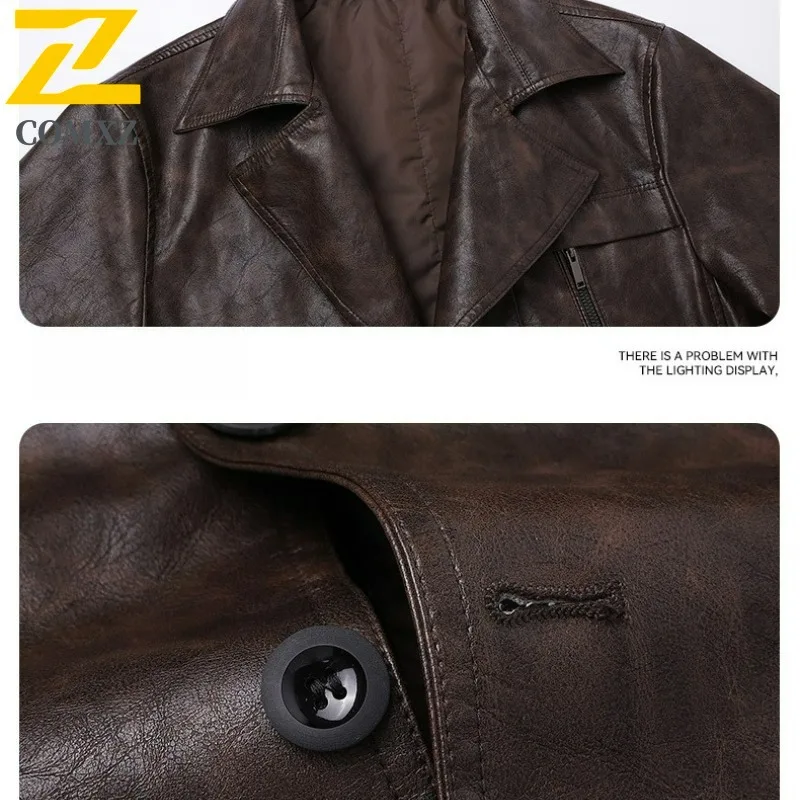 COMXZ Male Leather Jacket Luxury Elegant Slim Working Leather Trench Coat Fashion Single Breasted New Windproof Long Outerwear​
