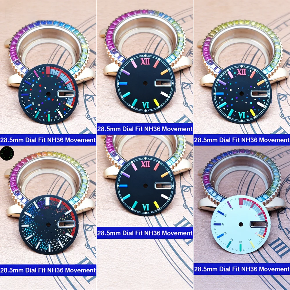 

Новый циферблат для часов NH36, 28,5 мм, зеленый, светящийся, разноцветный, подходит для циферблатов NH36, автоматический механизм, запасные части для мужских часов.