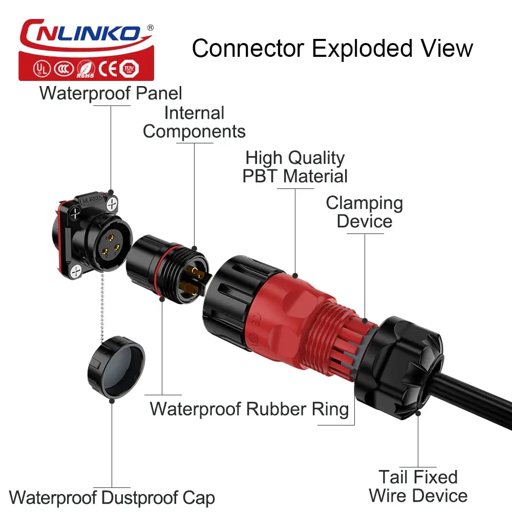 CNLINKO M20 2/3/9 Pin Electrical Connector Wire to Board PBT Plastic Panel Mount 12V 5A-20A Waterproof IP68 Connector Automotive