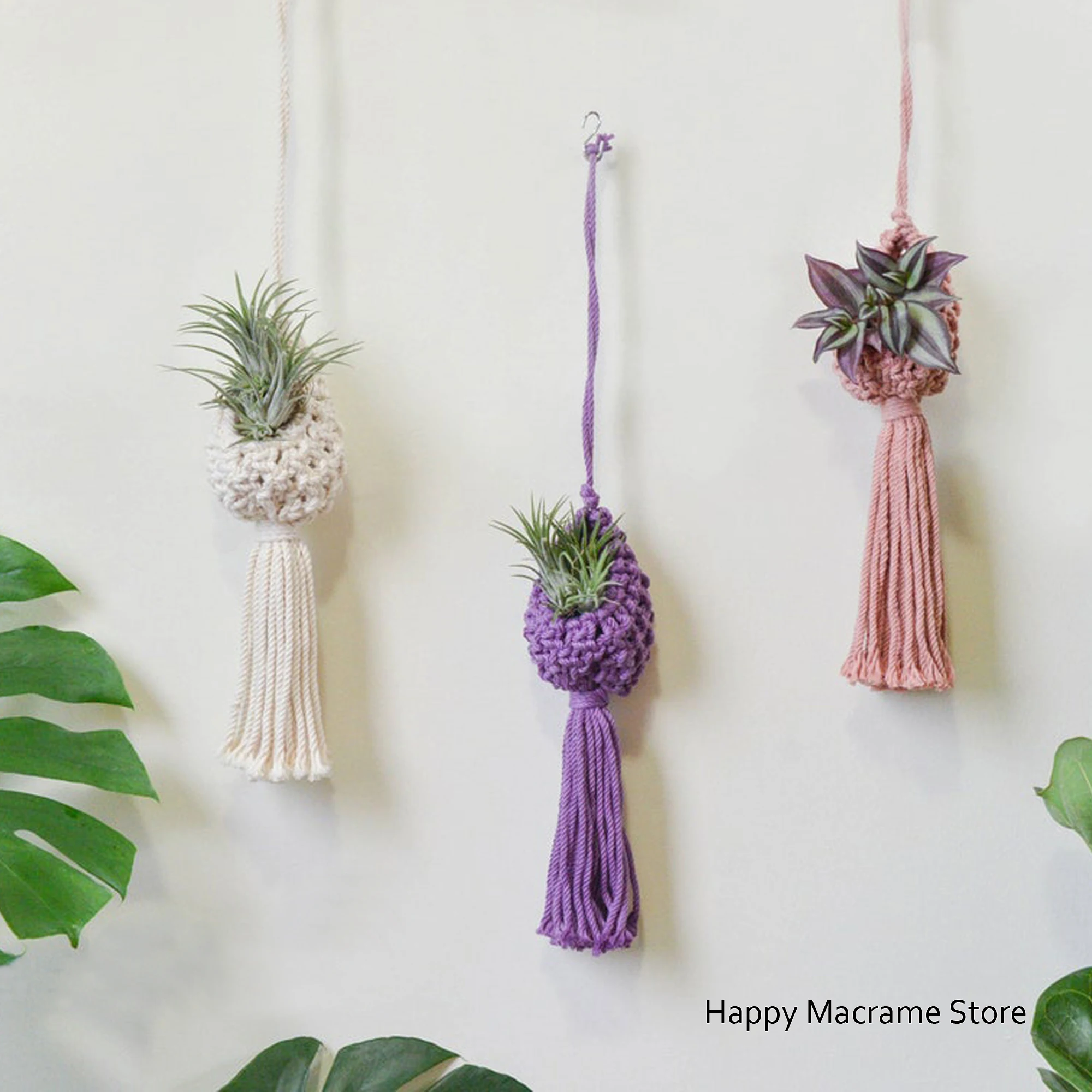 3pcs/set Colorful Boho Macrame Air Plant Holder Kitchen Storage Plant Hanger Hand Weaving Flowerpot Net Bag For Home Decor