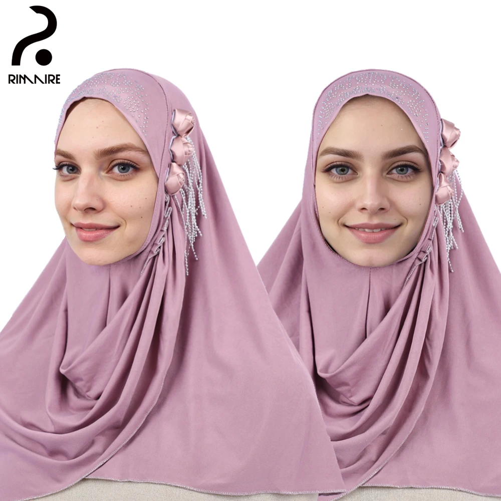 Light Purple Floral Muslim Hijabs High Quality Instant Turban Spring Autumn Ladies Solid Headscarves Wrap Gift Wholesale RIMAIRE