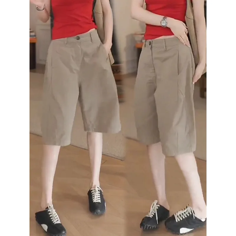 شورت كلاسيكي بلون سادة للنساء، شورت صيفي بسيط عالي الخصر وفضفاض ومتعدد الاستخدامات #2