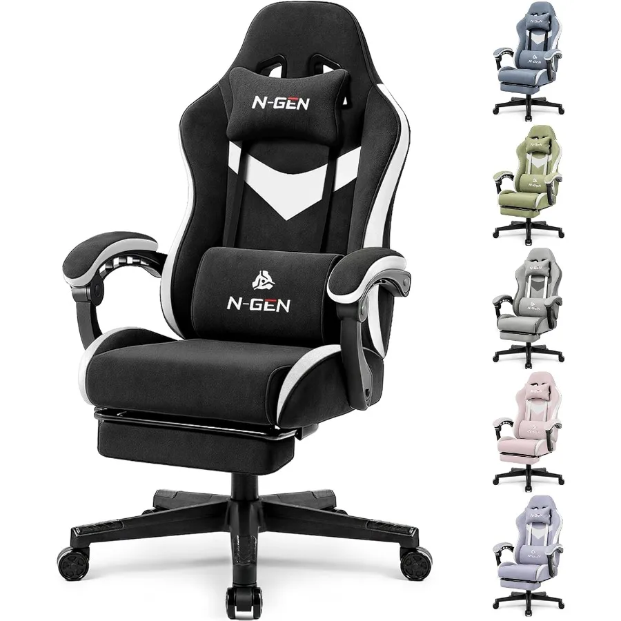 Gaming Chair for home office use, fabric upholstery, dark black color, with reclining backrest and extendable footrest